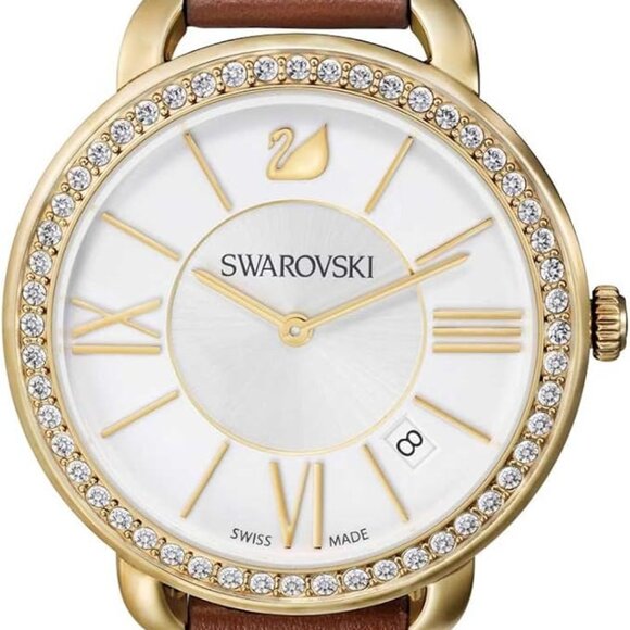 Swarovski Aila day watch, Swiss made, brown leather strap, crystals, gold tone - Picture 2 of 7